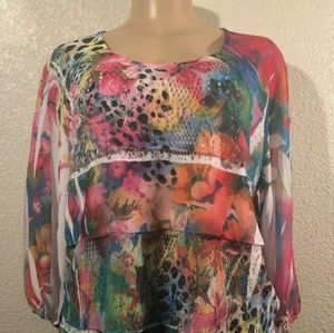 Cubism Blouson Crew neck Women Sz L Blouse Long Sleeve Floral pattern